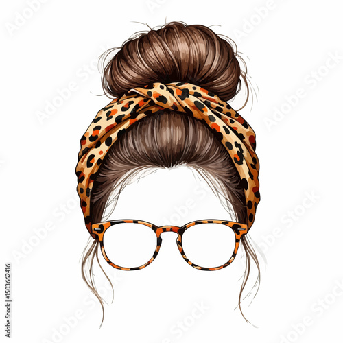 Messy hair bun with cheetah print glasses and cheetah print scarf 