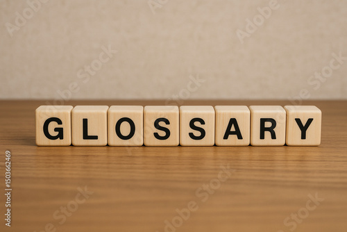 Glossary - word from dice blocks with letters, alphabetical list with words meanings dictionary glossary concept, random letters around, top view on grey background
