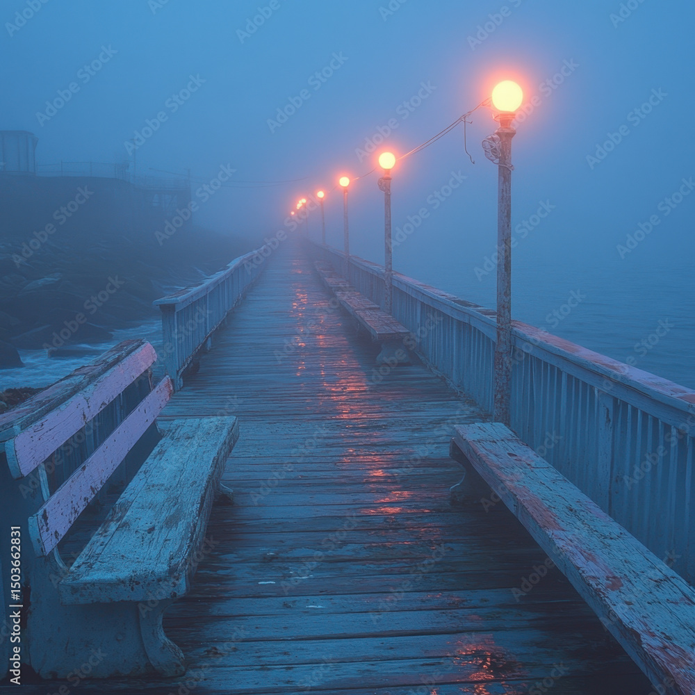 Naklejka premium Wooden pier with a light casting a warm glow.