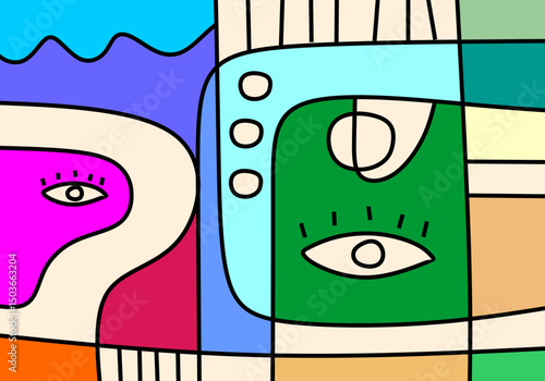 Modern cubist face art in vivid hues, combining abstract line work with expressive eyes and stylized shapes.