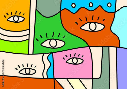 Modern cubist face art in vivid hues, combining abstract line work with expressive eyes and stylized shapes.