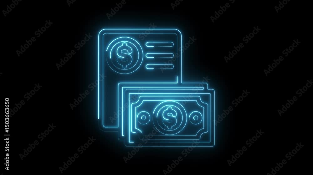 Glowing neon financial report and currency icon animation on a black background Glowing neon financial report and currency icon animation on a black background