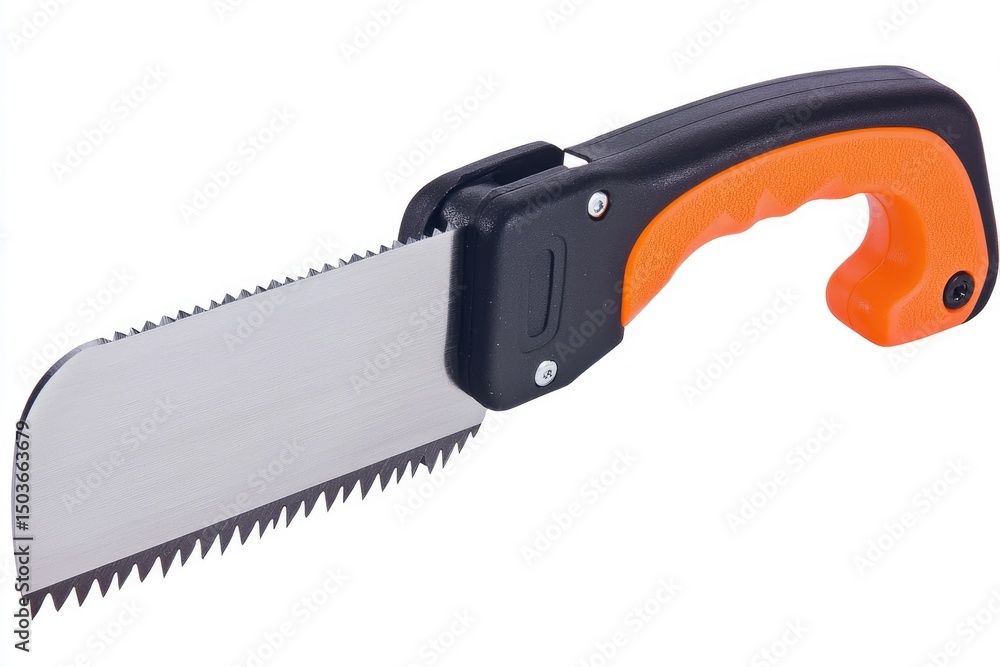 Compact folding saw with orange handle. Compact folding saw with orange handle.