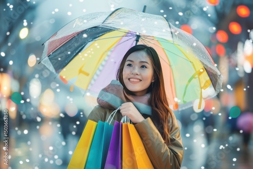 Joyful Shopping Spree Under a Colorful Umbrella in the Winter Snow