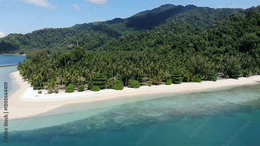 Aerial View of Tropical Island Beach with Turquoise Water and Lush Green Forest Aerial View of Tropical Island Beach with Turquoise Water and Lush Green Forest