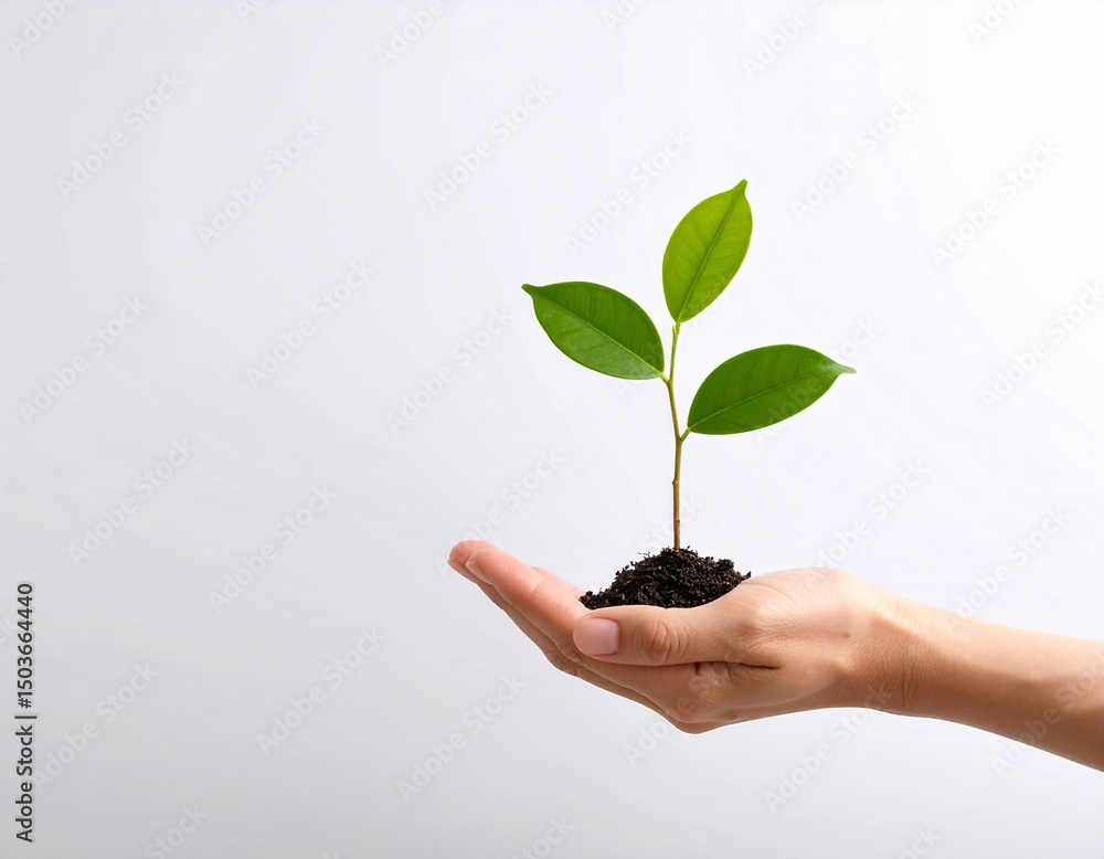 Hand holding a light green plant sprout against a white background Hand holding a light green plant sprout against a white background