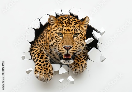 Striking leopard emerging powerfully through a fractured white wall
