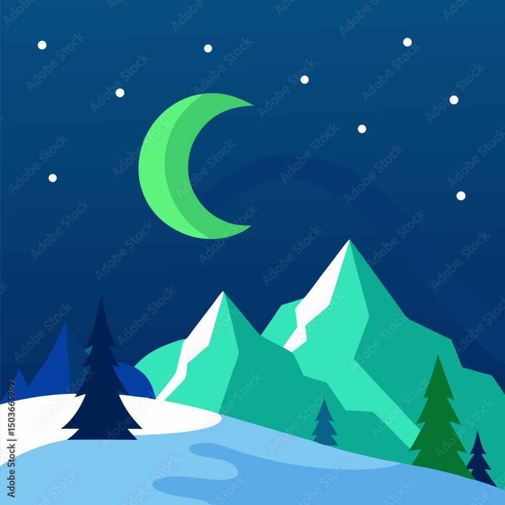 Fototapeta premium Lights in sky and snowy mountain vector landscape background.