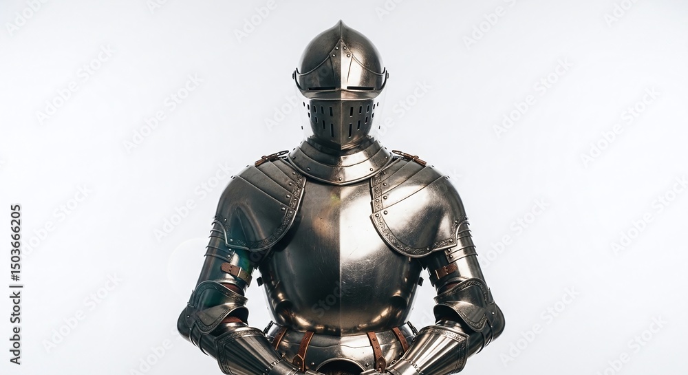 Fototapeta premium A metallic knight armor on display with intricate details, showcasing historical craftsmanship. This historical artifact tells a tale of protection, valor, and chivalry