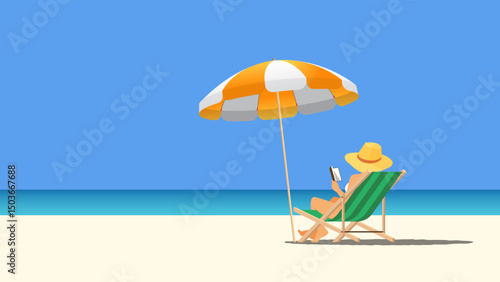 A woman wearing sun hat relaxing on a beach chair under orange striped umbrella, reading a book by the ocean. Travel, vacation, and leisure concepts for summer banner. Vector illustration.