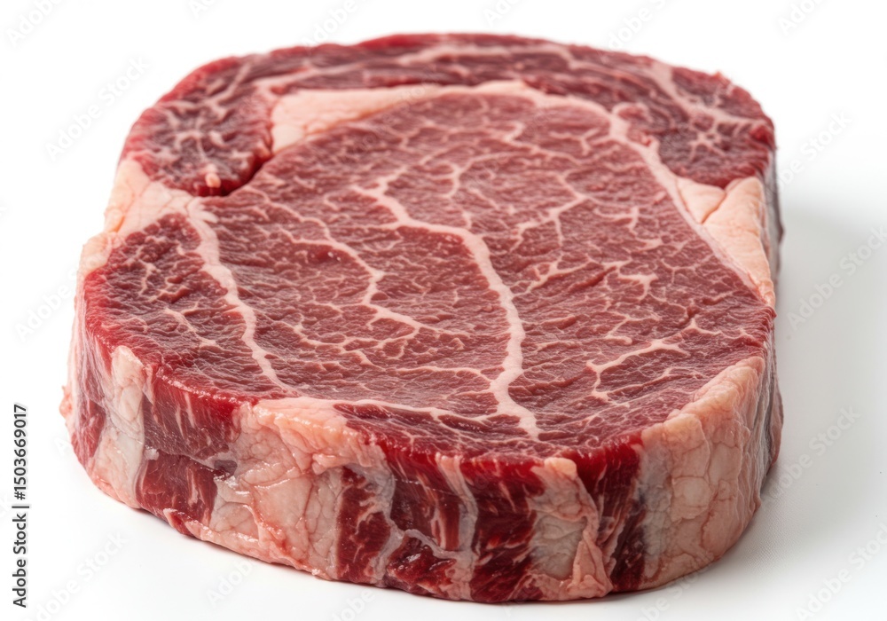 Obraz premium A single raw ribeye steak cut showcasing marbling on a plain background