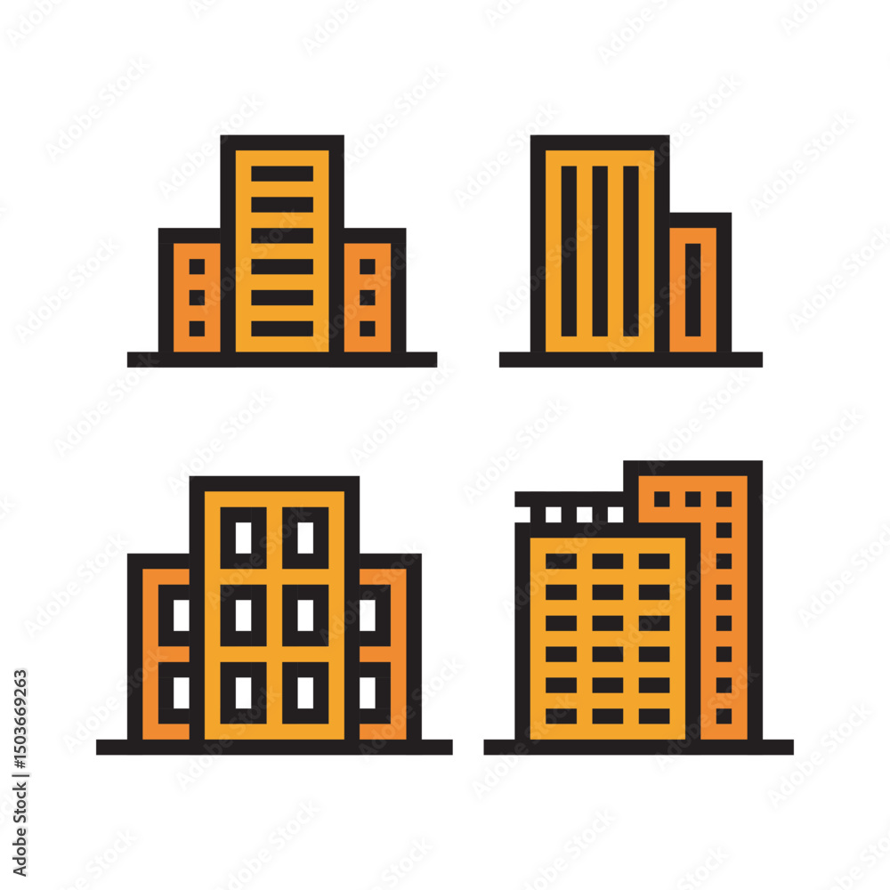 Fototapeta premium Minimalist Line Style Building Icon Set with Black Outline and Orange Fill
