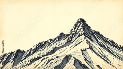 A detailed hand-drawn illustration depicts a majestic mountain peak against a pale yellow sky creating a serene landscape perfect for travel or
