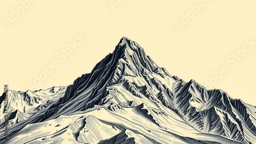 A majestic grayscale illustration depicts a ly peaked mountain range under a pale yellow sky showcasing intricate details and textures.