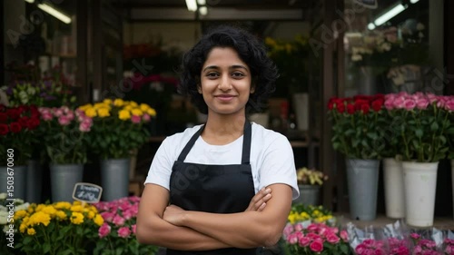 pride and calm in blooming urban setting full of arrangements and charm, A woman, dark hair and a slight smile, Florist standing with thoughtful expression outside decorated flower shop, arms crossed,