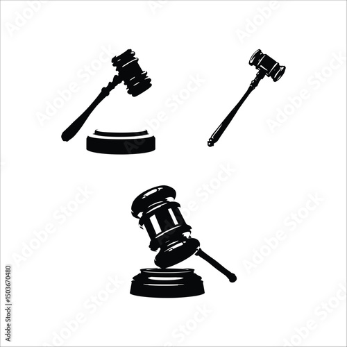 Three gavel illustrations in black and white showing legal and judicial concepts on a white background