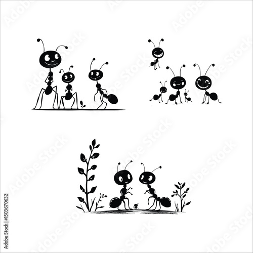 Black and white illustration of cartoon ants in various poses and family groupings on a white background