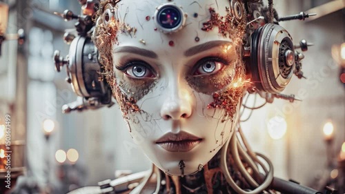 A captivating steampunk-inspired figure, seemingly a mechanical woman, gazes intently.The figure's eyes, with their unique design, draw the viewer's attention.