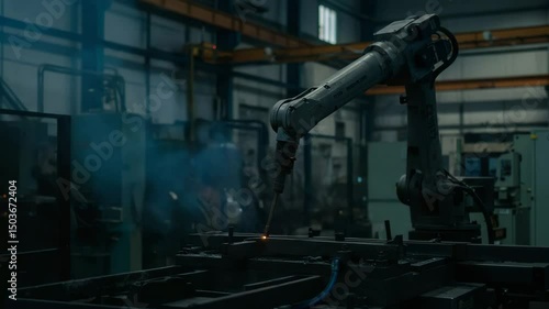 generating bright sparks and smoke in a technologically advanced manufacturing setting,, Industrial robotic arm performing a welding operation,  4k video