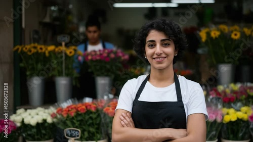 pride and calm in blooming urban setting full of arrangements and charm, woman, dark hair slight smile, Florist standing with thoughtful expression outside decorated flower shop, arms crossed, 4k vide