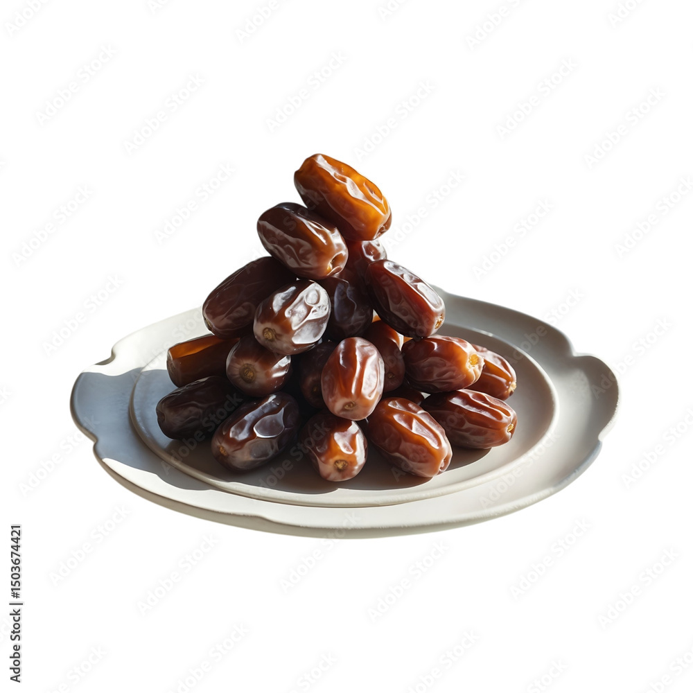 Fototapeta premium Dates Fruit Stacked on a White Plate for Healthy Eating