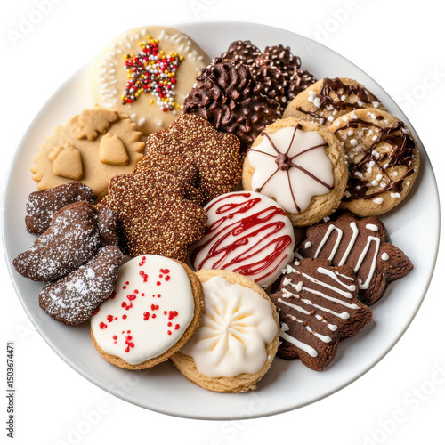 Delicious assorted cookies on plate on transparent background
