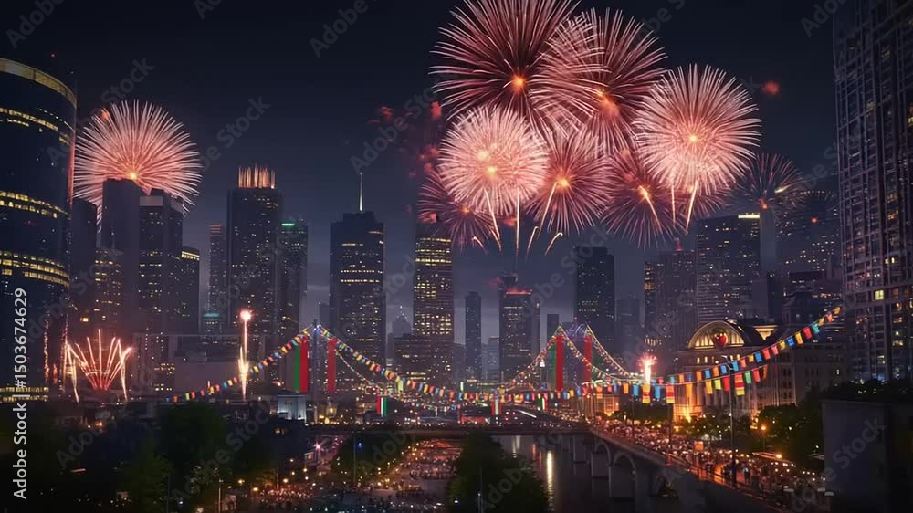 Nighttime cityscape with vibrant fireworks over a bridge adorned with colorful flags and bustling crowd Nighttime cityscape with vibrant fireworks over a bridge adorned with colorful flags and bustling crowd