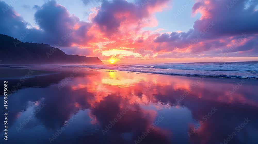 Fototapeta premium Vibrant sunset reflecting on a tranquil beach.