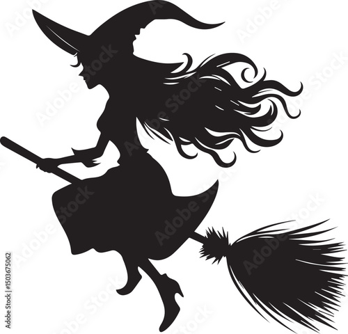 black and white flying witch, flying witch silhouette vector icon, flying witch logo vector
