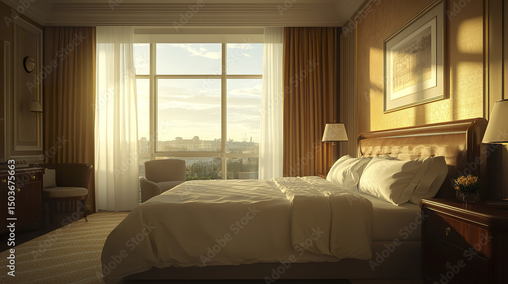 Luxurious hotel room with elegant decor and large window showcasing beautiful view Luxurious hotel room with elegant decor and large window showcasing beautiful view