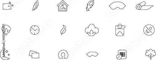 Sleep icons set ,rest symbols, relaxation,  comfort, bedtime, dreams, night, pillows, feathers, cotton, clock, sleep mask, yoga mat.