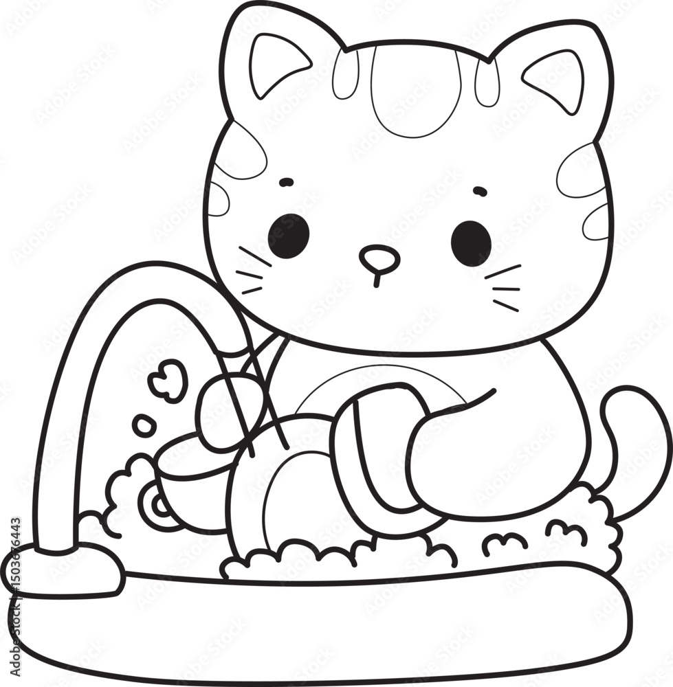 Naklejka premium Lineart of a bunch of cute cat with various activities. Outline ofkKawaii animal kitty for scrapbook and sticker.