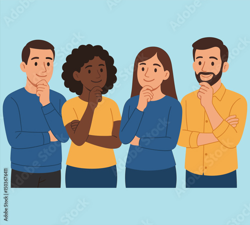 Diverse group of thoughtful people with hand on chin expressions, team thinking and brainstorming illustration
