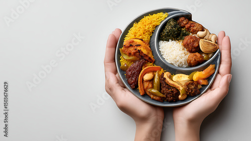 Hands holding freshly cooked traditional Eid dishes with crescent moon shaped plate isolated on white background 