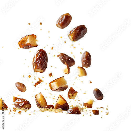 Dates fruit falling in motion with sweet sugar pieces