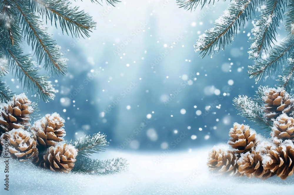 Obraz premium Christmas and happy new year greeting card. Winter landscape with snow .Christmas background with fir tree branch and cones stock photo