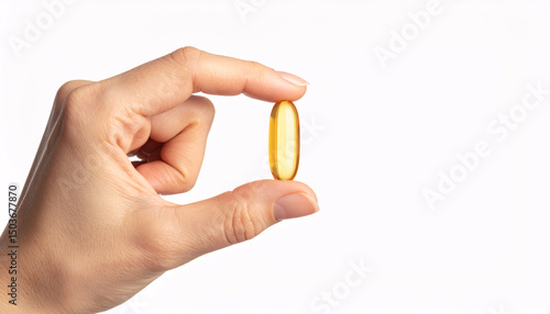 Essential Nutrient: A close-up shot of a hand delicately holding a vibrant, yellow capsule, suggesting wellness and a healthy lifestyle.