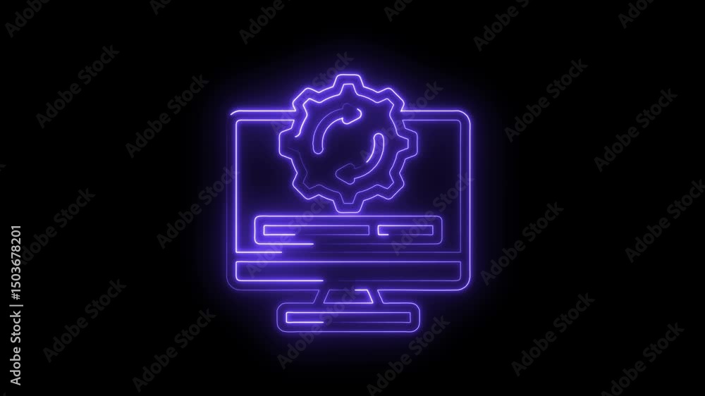 Purple neon style computer update icon animation on black background system progress