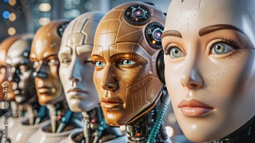 A row of futuristic robot heads, each with intricate details and varying skin tones.Close-up view of the expressive faces of advanced robotic figures.

