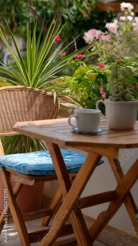 Wallpaper Mural Relaxing terrace setting with wooden table, comfortable cushions, and vibrant flowering plants offering a serene outdoor escape Torontodigital.ca