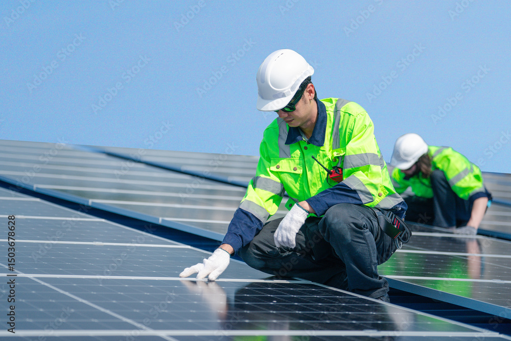 Engineer team installs solar cells check installation solar cell on the roof Sustainable energy industry concept Renewable energy solutions for climate change. Engineer team installs solar cells check installation solar cell on the roof Sustainable energy industry concept Renewable energy solutions for climate change.