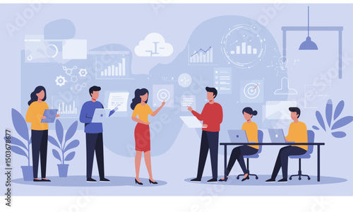 Modern Business Team Collaboration with Technology and Data Visualization in Office Workspace - Flat Vector Illustration