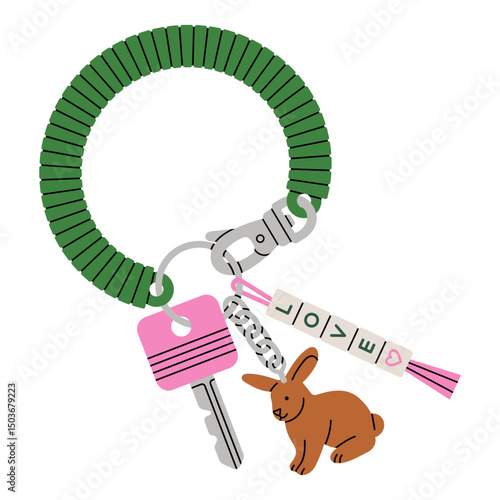 Illustration of a key with trendy keychains and a rubber bracelet. Good for real estate and mortgage advertising and inspiring lifestyle concepts. Vector illustration isolated on white background.