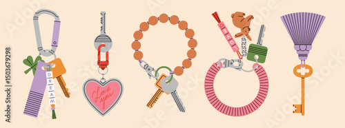 Set of various trendy keychains with beaded bracelet, carabiner clip, heart-shaped form, tassel, antique design and more . Perfect for inspiring lifestyle concepts. Vector illustration.