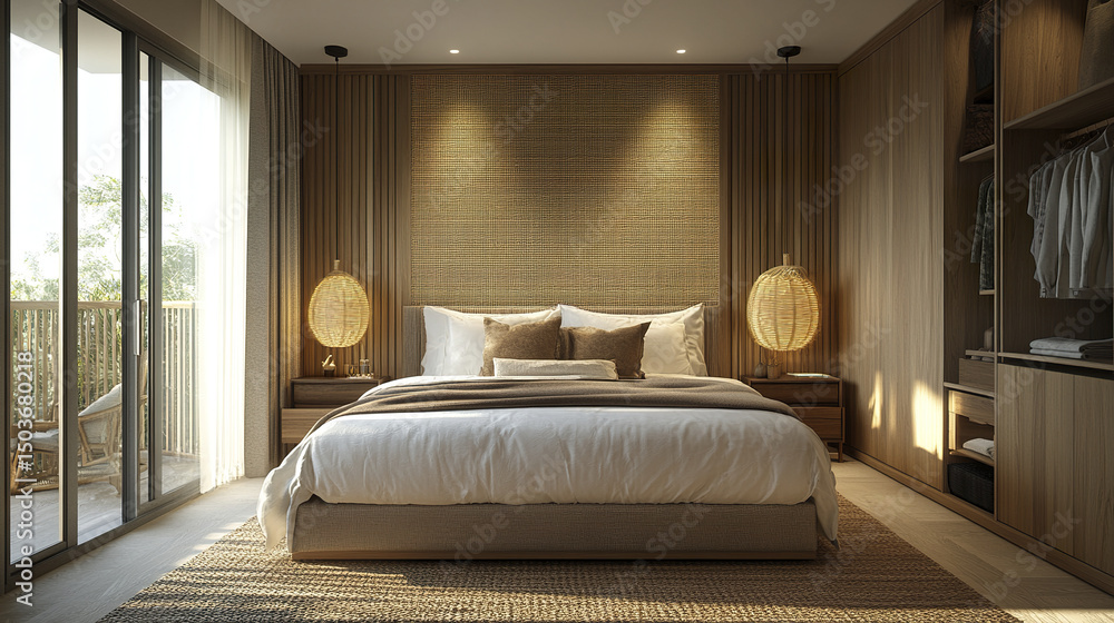 Cozy hotel bedroom with natural wood accents and soft lighting creates serene atmosphere Cozy hotel bedroom with natural wood accents and soft lighting creates serene atmosphere