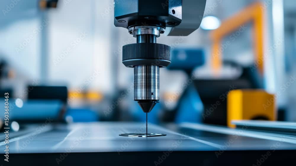 A close-up shows the spindle and cutting tool of a CNC machine precisely working on a metal surface in a manufacturing facility A close-up shows the spindle and cutting tool of a CNC machine precisely working on a metal surface in a manufacturing facility