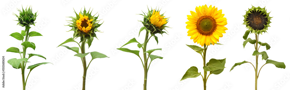 Obraz premium Collection sunflower flower evolution stages isolated on white background. Seeds and oil. Flat lay, top view