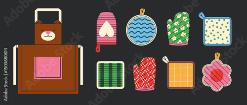 Set with potholders and an apron. For kitchen-themed designs, cookbook and advertising materials, cooking blogs and prints. Quilted fabric, different shapes and patterns. Vector illustration. 