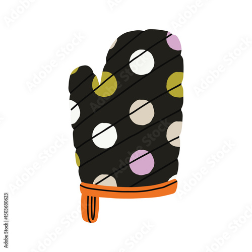 Vector illustration of a potholder glove. Good for use in kitchen-themed designs, cookbook illustrations,  advertising materials, cooking blogs and prints. Quilted fabric with polka dot pattern.