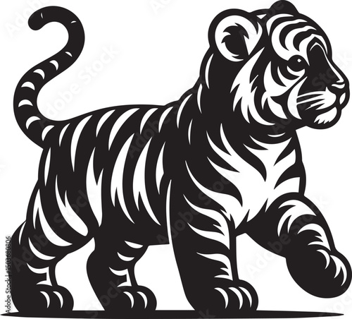black and white baby tiger, baby tiger silhouette vector icon